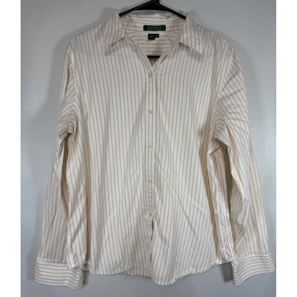 Lauren Ralph Lauren Tan White Striped Button Down Shirt Womens XL Long Sleeve